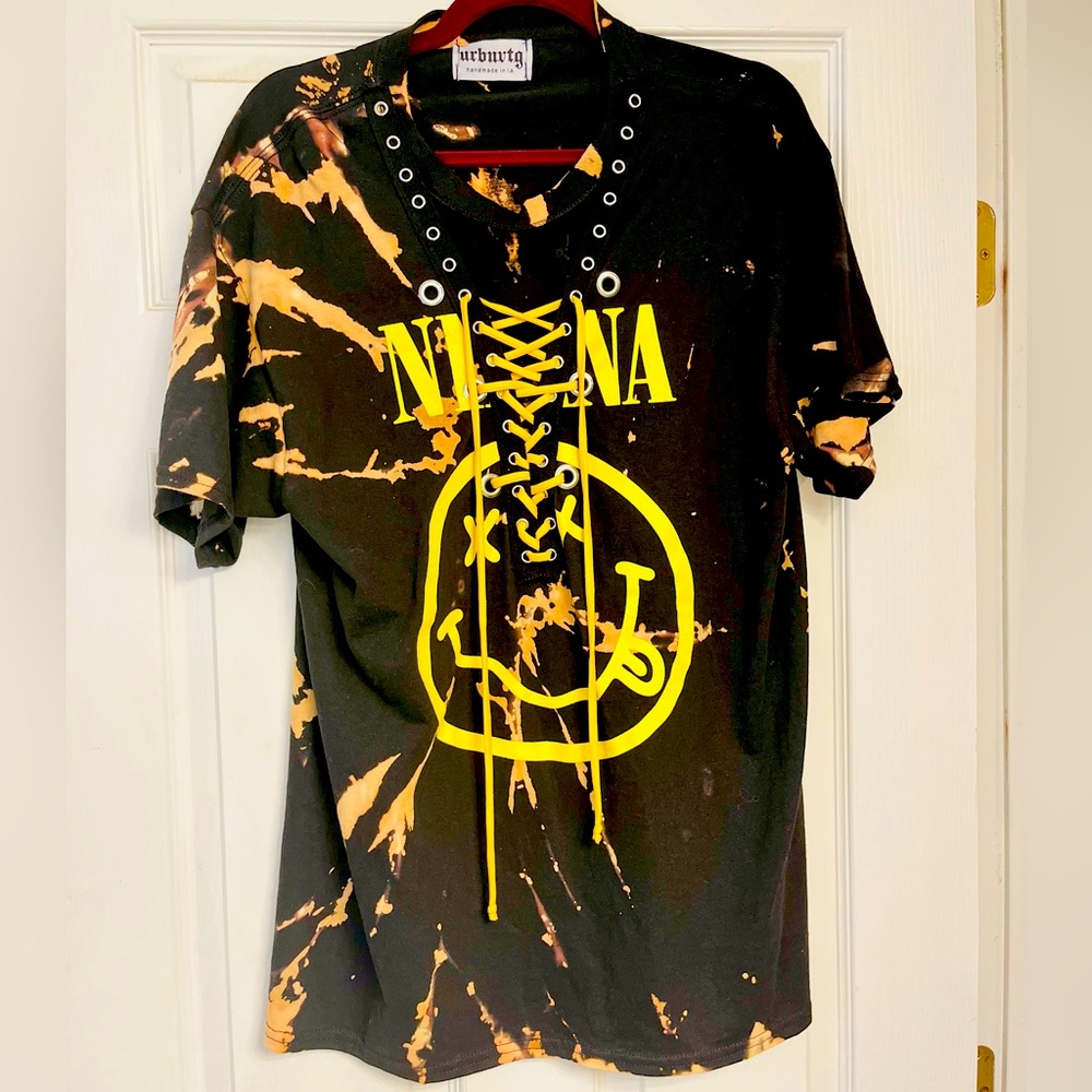 Distressed bleach tie-dye graphic Nirvana band t-shirt dress; size small; New